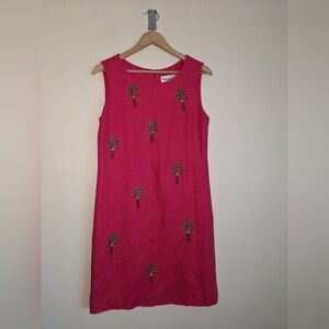 Vintage Victoria Halley Pink Linen Blend Dress Embroidered Palm Trees Sleeveless